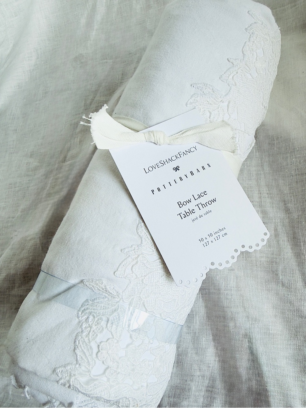 Pottery Barn LoveShackFancy Bow Lace Table Throw, 50”sq, NWT, Retail $139